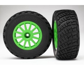 Traxxas Tires & wheels, assembled, glued (Green wheels, BFGoodrich Rally, gravel pattern, S1 compound tires, foam inserts) (2) 