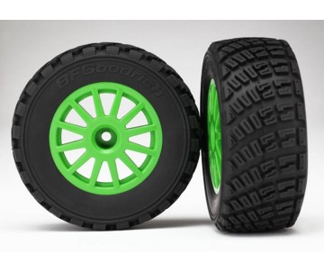 Traxxas Tires & wheels, assembled, glued (Green wheels, BFGoodrich Rally, gravel pattern, S1 compound tires, foam inserts) (2) 