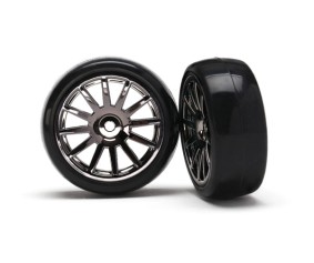 Traxxas Tires & wheels, assembled, glued (12-spoke black chrome wheels, slick tires) (2)