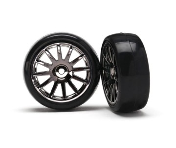 Traxxas Tires & wheels, assembled, glued (12-spoke black chrome wheels, slick tires) (2)