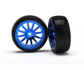 Traxxas Tires & wheels, assembled, glued (12-spoke blue chrome wheels, slick tires) (2)
