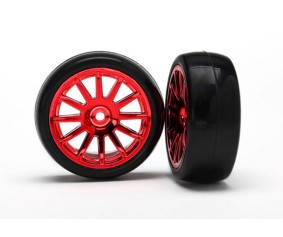 Traxxas Tires & wheels, assembled, glued (12-spoke red chrome wheels, slick tires) (2)