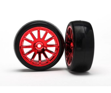 Traxxas Tires & wheels, assembled, glued (12-spoke red chrome wheels, slick tires) (2)
