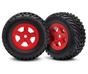 Traxxas Tires and wheels, assembled, glued (SCT red wheels, SCT off-road racing tires) (1 each, right & left)