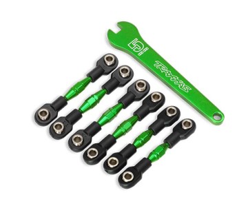 Traxxas Turnbuckles, aluminum (green-anodized), camber links, 32mm (front) (2)/ camber links, 28mm (rear) (2)/ toe links, 34mm (2)/ aluminum wrench