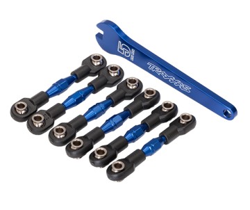 Traxxas Turnbuckles, aluminum (blue-anodized), camber links, 32mm (front) (2)/ camber links, 28mm (rear) (2)/ toe links, 34mm (2)/ aluminum wrench