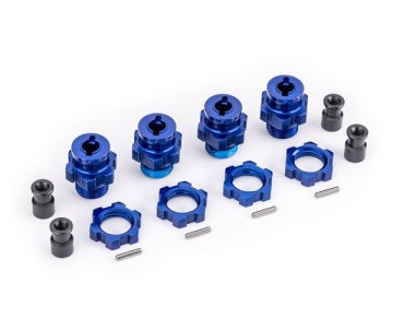 Traxxas Wheel hubs, splined, 17mm, short (blue-anodized) (4)/ wheel nuts, splined, 17mm (blue-anodized) (4)/ hub retainer M4 X 0.7 (4)/ axle pin (4) (for use with #9080 upgrade kit)