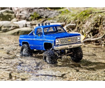 Traxxas TRX-4M High Trail Edition Crawler with Chevrolet K10 Pickup Body (Blue): 1/18-Scale 4X4 Electric Trail Truck. Ready-To-Drive with TQ 2.4GHz 2-Channel Transmitter and ECM-2.5™ Waterproof Electronics. In Store Sales Start August 25th; Online Sales B